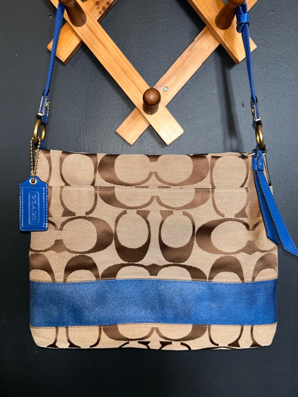 Coach Signature Stripe File Bag- Khaki Cobalt Blue Y2K 2012 - Picture 3 of 14